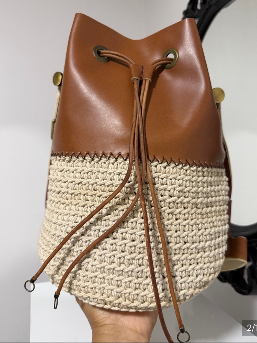 Tan Leather & Cream Crochet Crossbody Bucket Bag